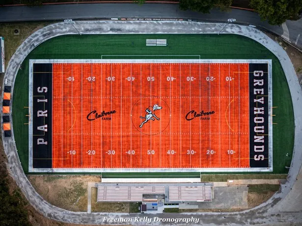 The distinctive orange turf football field at Paris City Schools
